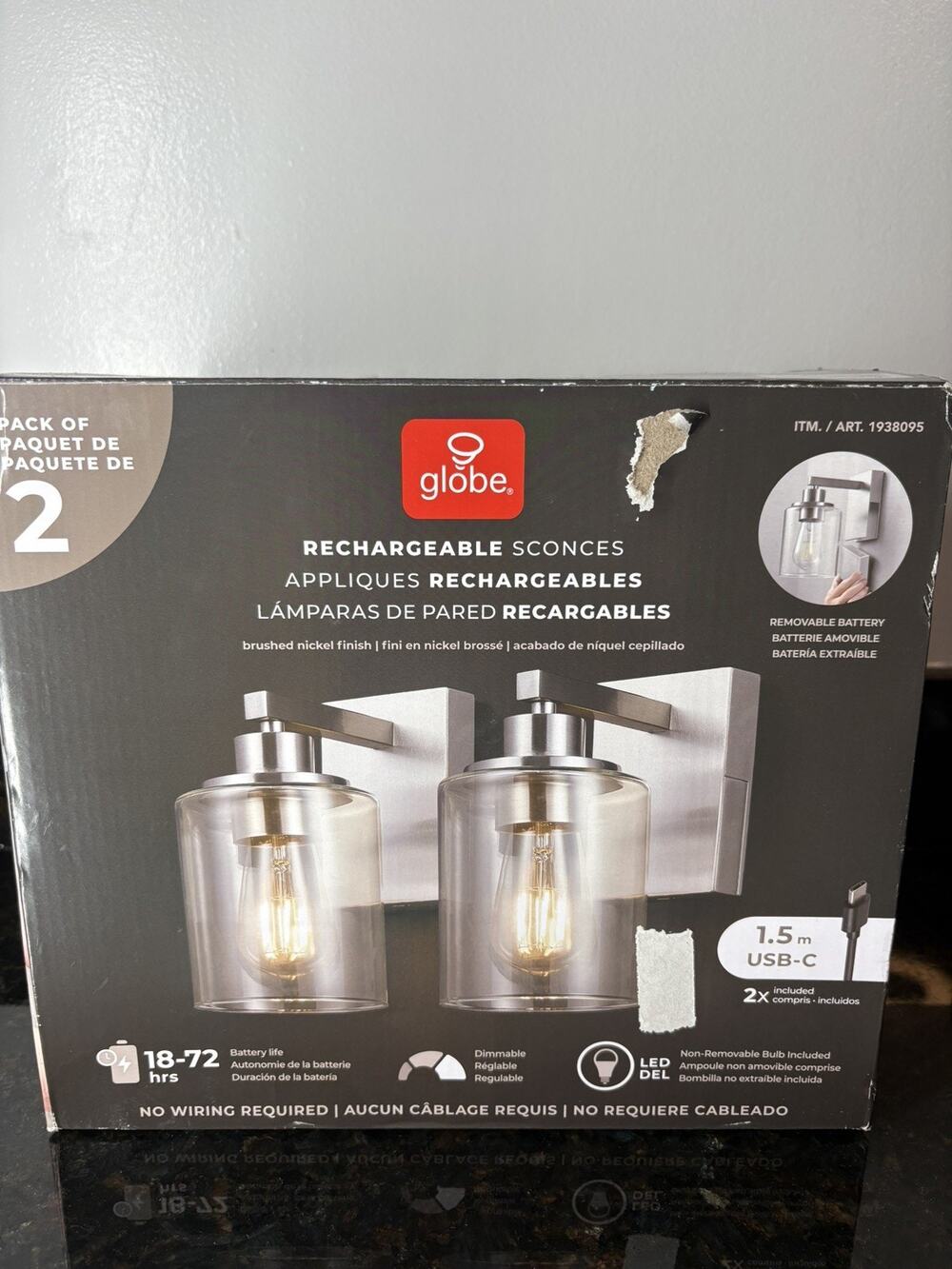 Globe 2-Pack Wall Sconce Rechargeable Brand Silver Open Box 8.5"H X 7.4"L